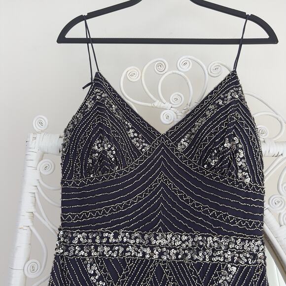 Marina Dress 12 Navy Sequin Rhinestone Maxi Floor Length Glam Gatsby Prom Gown - Picture 3 of 10